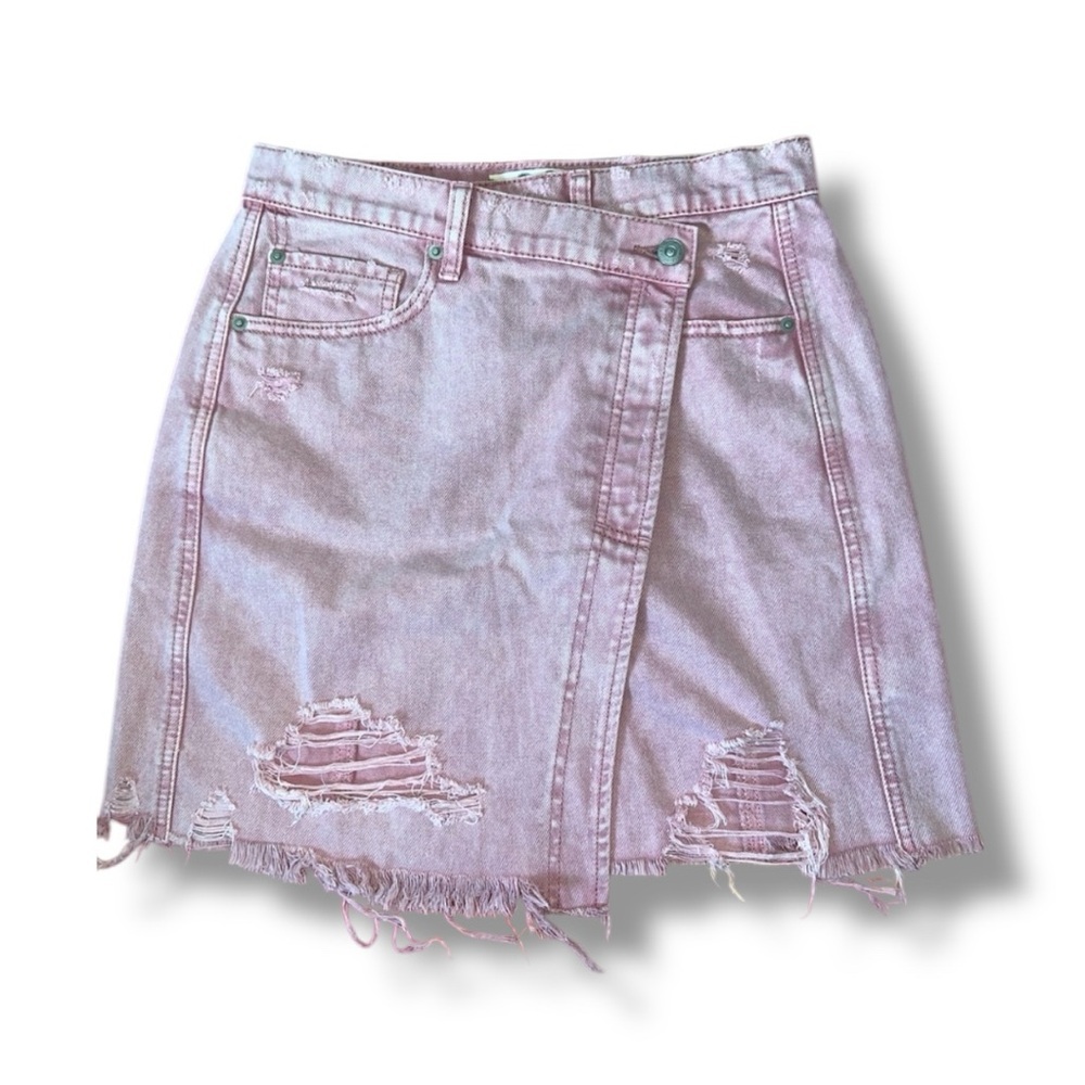 We The Free Pink Distressed Asymmetrical Denim Skirt